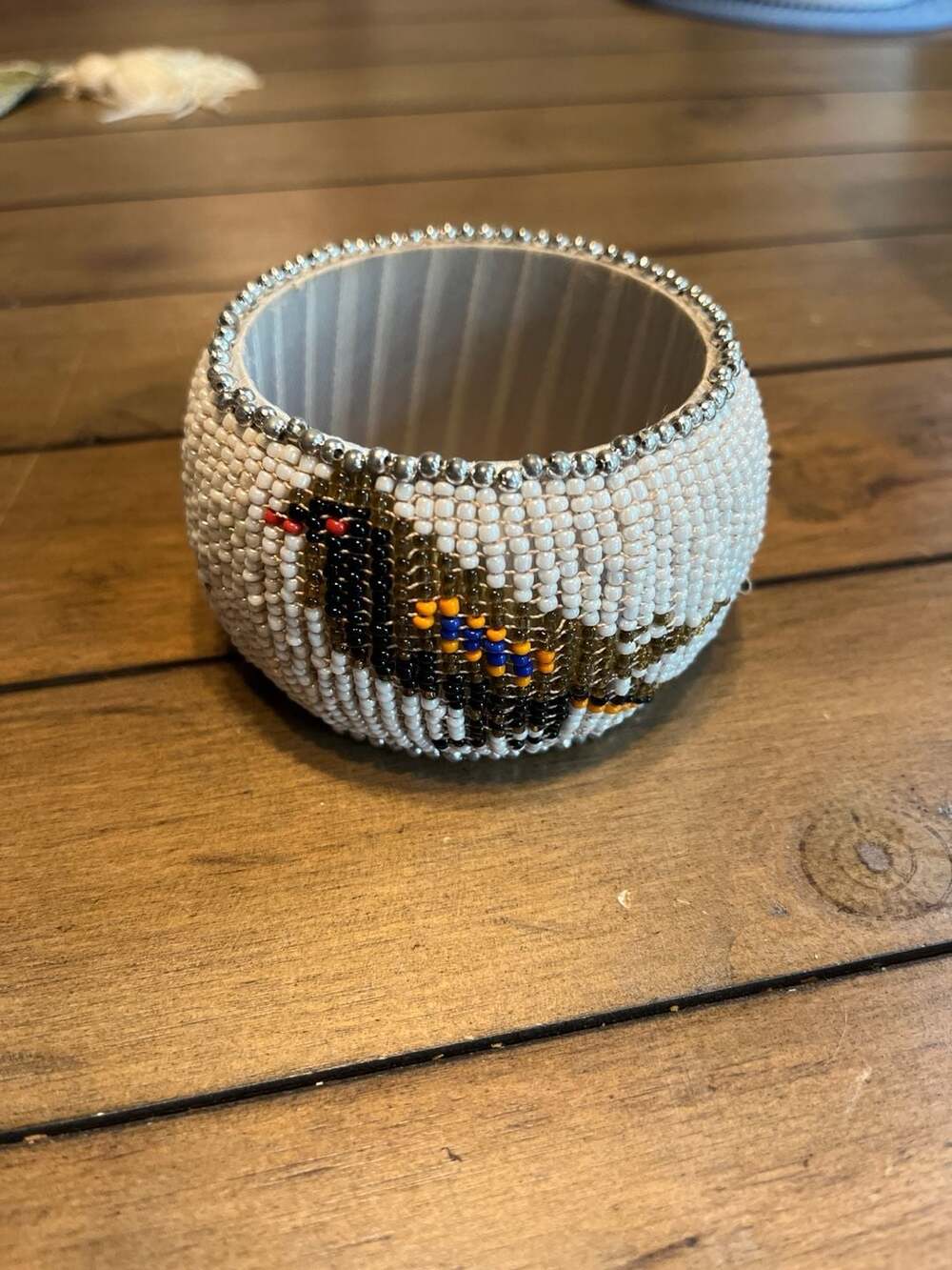 Handmade Native American Style Beaded Wide Cuff Bangle Bracelet with Bird Motif